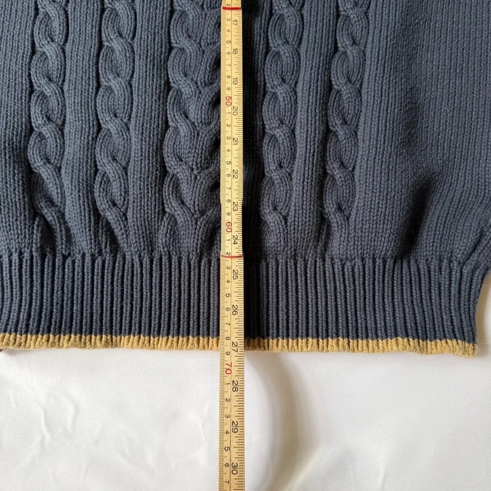 Eddie‎ Bauer Mens Navy Blue Cable Knit Cotton Mock Neck Button Sweater Large